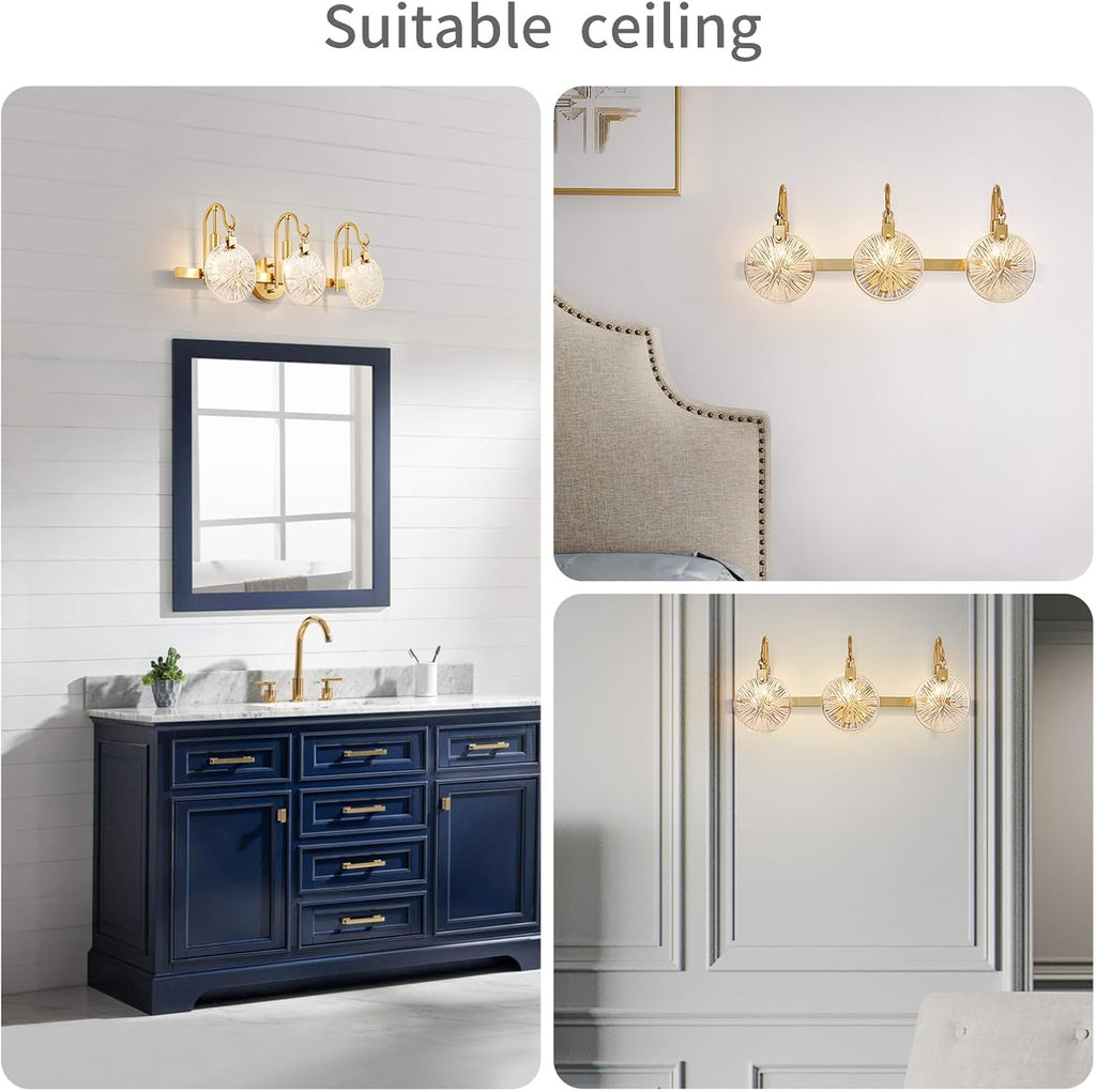 3-Light Bathroom Light Fixture Over Mirror Morden Vanity Wall Sconces Clear Glass Shade Living Room, E12 Base, Brass