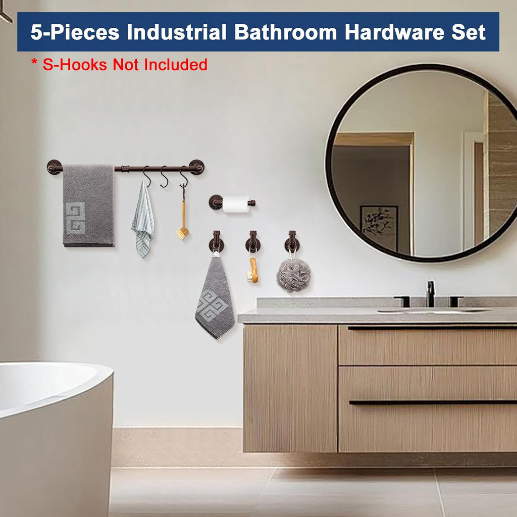5-Pieces Industrial Pipe Bathroom Hardware Set, Include Towel Bar, Toilet Paper Holder and 3 Robe Hooks, Heavy Duty