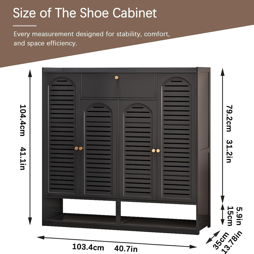 Shoe Cabinet with Louvered Doors, Freestanding Entryway Shoe Storage Cabinet with Drawer & Open Compartment, Modern