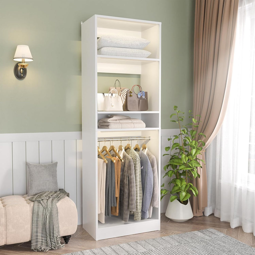 Freestanding Closet System, 25" Closet Organizer Wardrobe with Hanging Rods & Shelve, Adjustable Clothes Garment