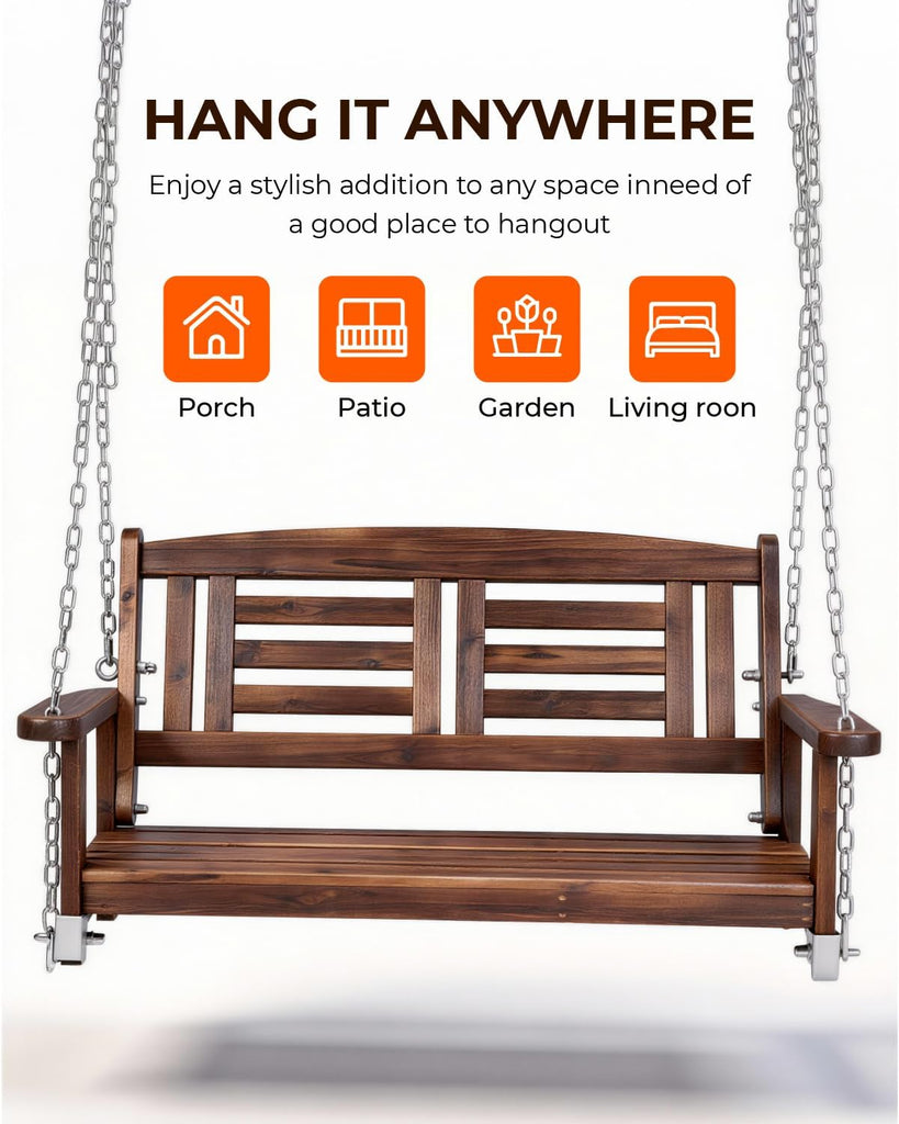 Wooden Porch Swing, Outdoor Patio Swing, 44" Swing Bench with Hanging Chains and Reclined Backrest for Deck