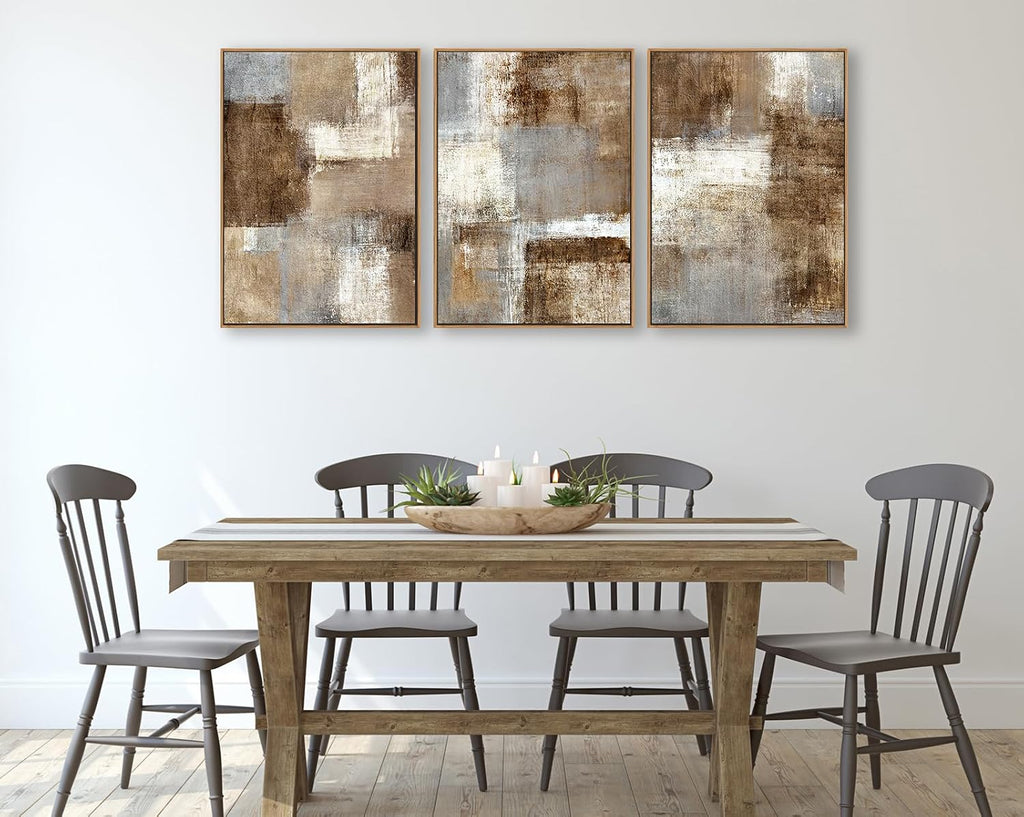 Large Abstract Framed Wall Art - Natural Float Framed Canvas Pictures Wall Art Prints Decor Rustic Artwork Brown