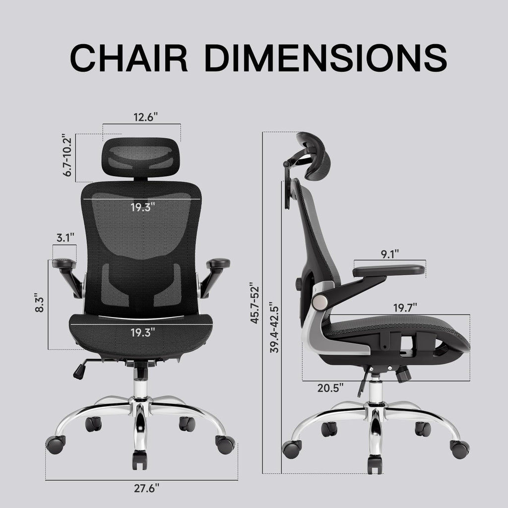 Ergonomic, Mesh Desk Chair with 3D Armrests, Adjustable Lumbar Support and Headrest, 90-120° Rocking Function, Black