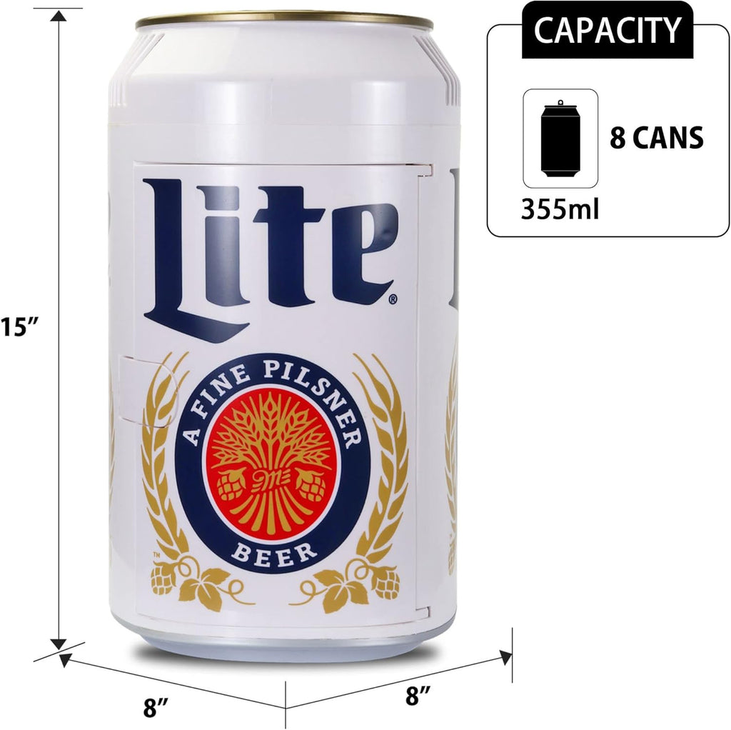 Miller Lite 8 Can Thermoelectric Mini Fridge 5.4 L/ 5.7 Quarts Capacity, 12V DC/110V AC cooler for home, den, dorm
