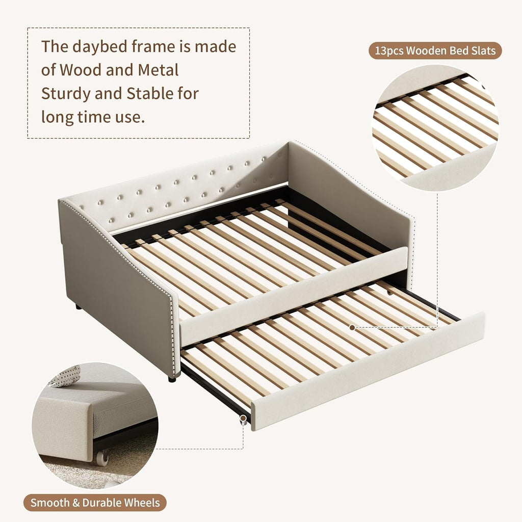 Full Size Upholstered Daybed with Trundle | Twin Size Trundle,Button-Tufted Back, Piping on Waved-Shape Arms, Solid