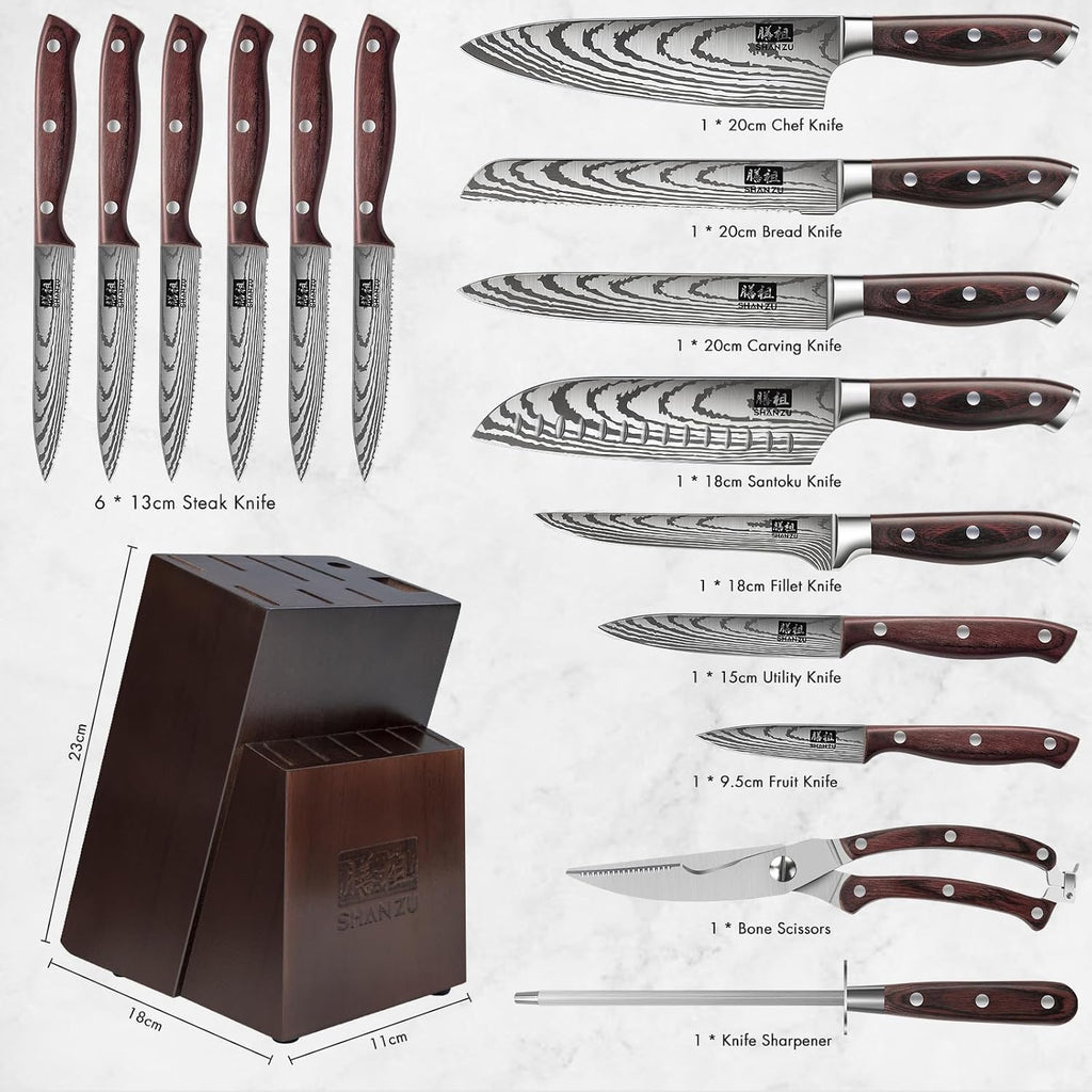 Knife Set 16 pcs, Japanese Kitchen Knife with Block High Carbon Stainless Steel Ultra Sharp Knife , Professional Chef