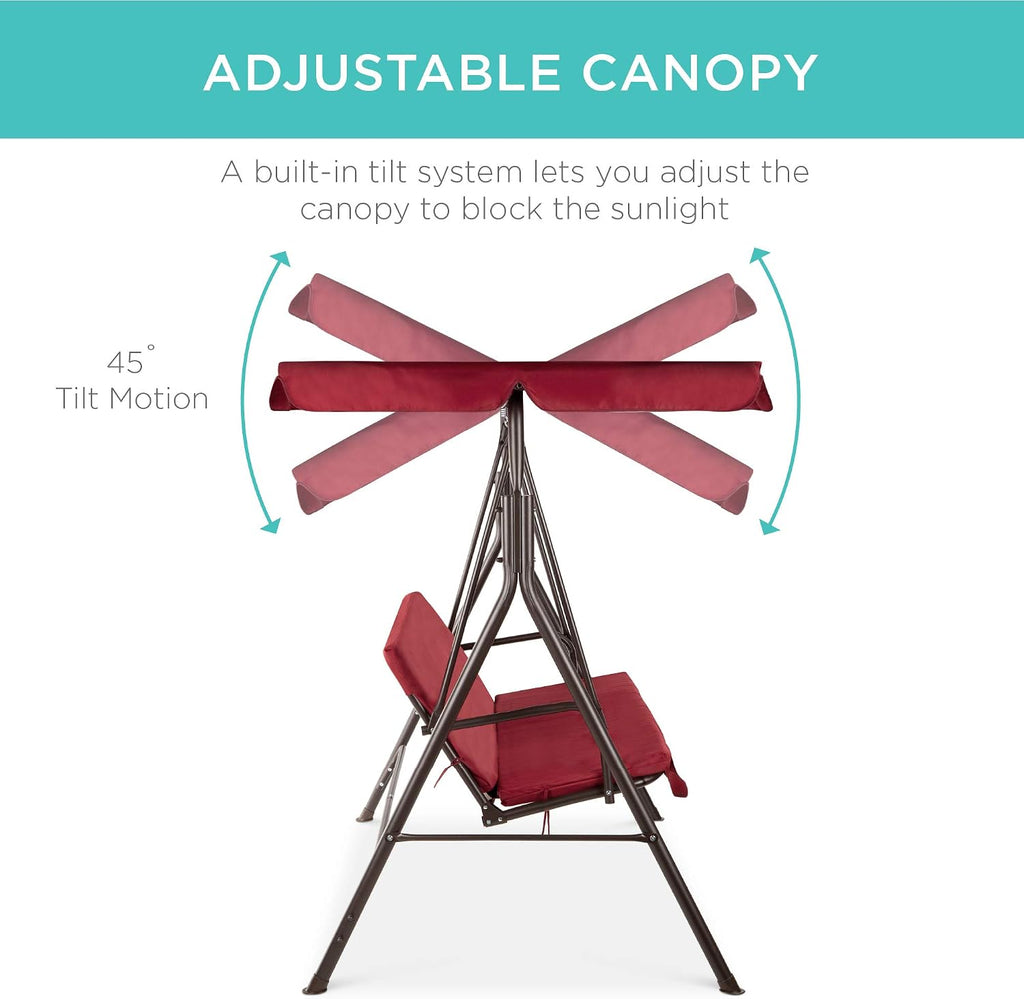 2-Person Outdoor Patio Swing Chair, Hanging Glider Porch Bench for Garden, Poolside, Backyard w/Convertible Canopy