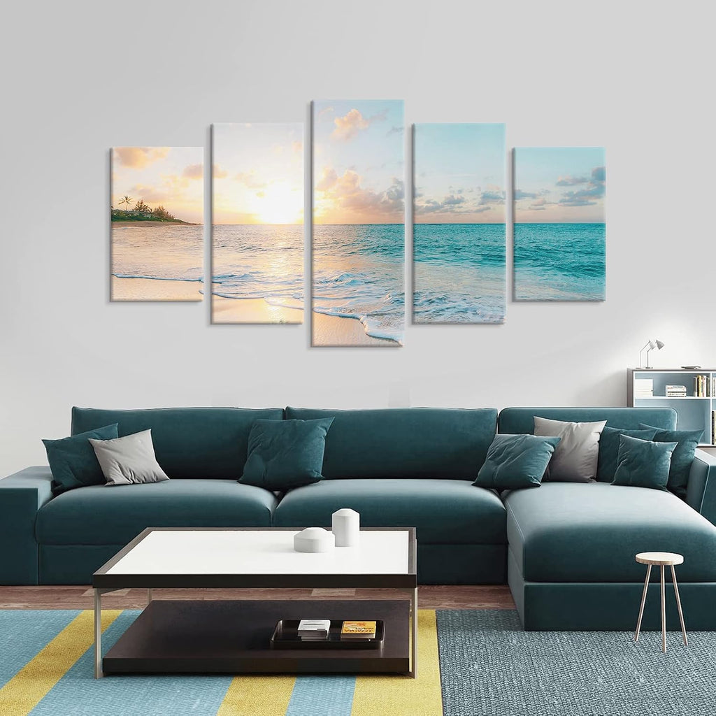 5 Pieces Beach Sunset Canvas Wall Art Blue Sea Prints Romantic Ocean Waves Pictures Painting Bedroom Home Decorations