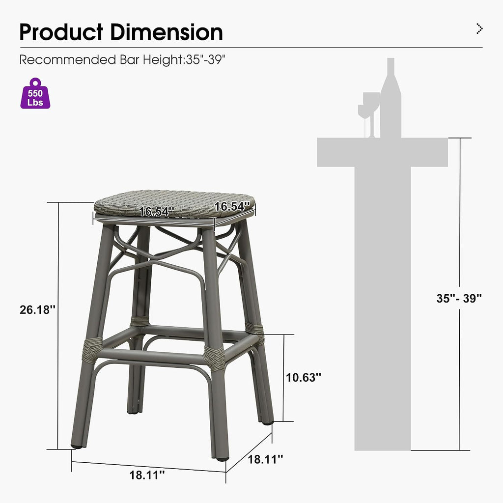 French Counter Height Bar Stool Set of 2 Outdoor Rattan Patio Bar Chairs Aluminum Frame Backless Barstools