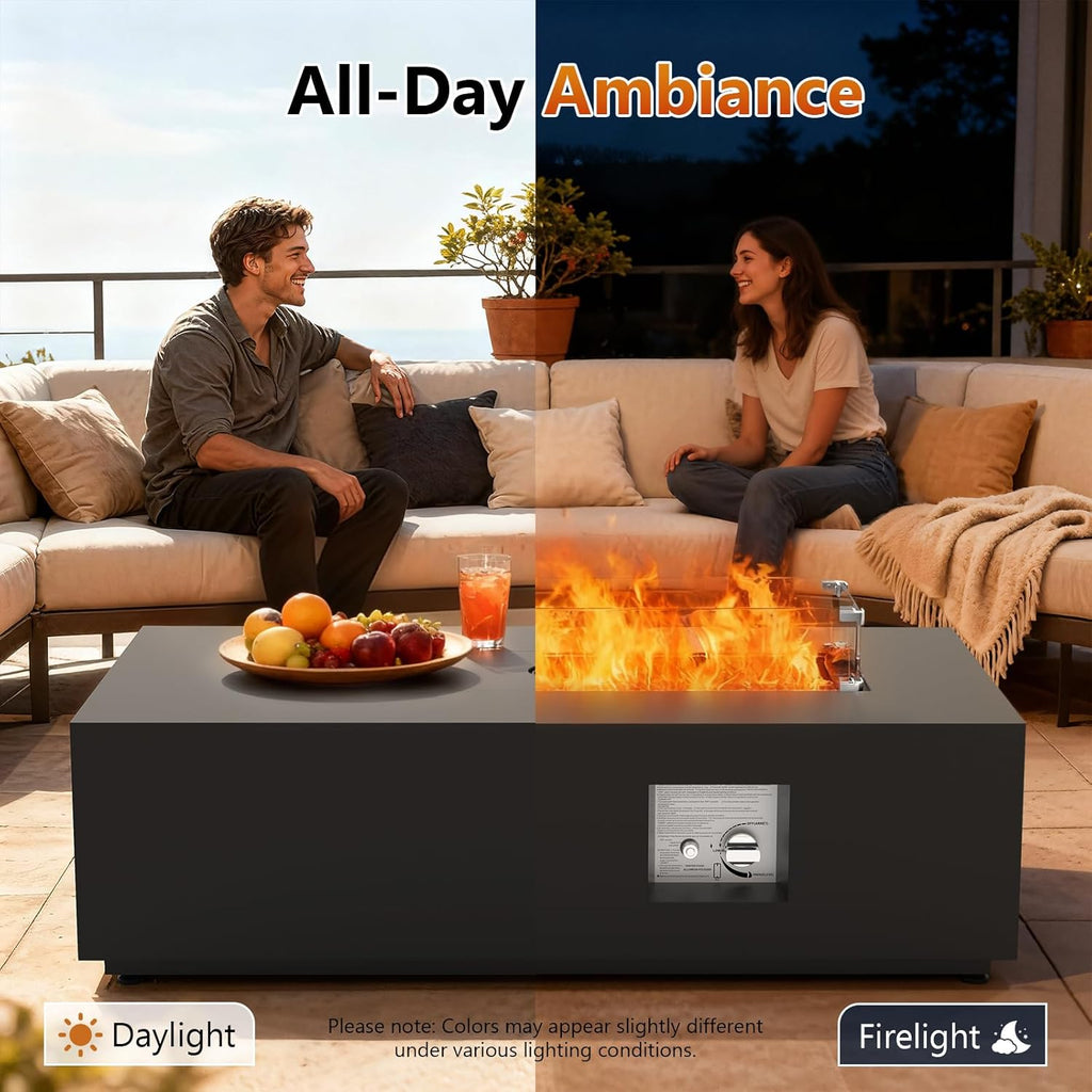 2-Piece 42 Inch Rectangular Propane Fire Pit for Outside Patio with Hidden Tank Table, 50,000 BTU Fireplaces with Glass Wind Guard