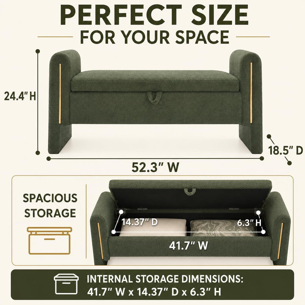 Modern 52" Storage Ottoman Bench, Upholstered End of Bed Storage Bench with Armrests, Entryway Bench, Teddy Foot Rest