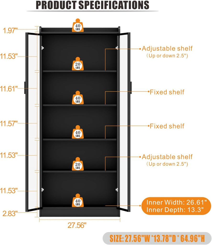 Display Cabinet with Doors and Adjustable Shelves, 65" Tall Bookcase with LED Lights/Human Sensor