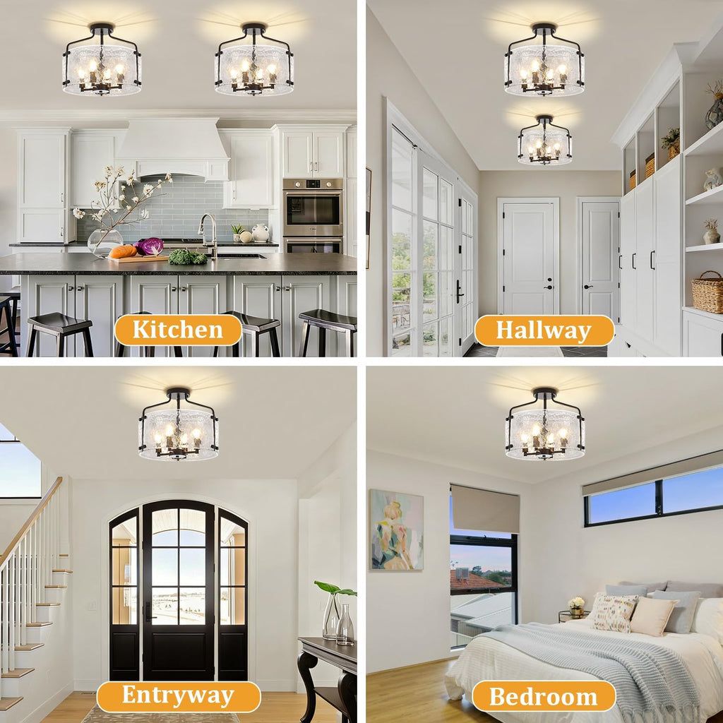4-Light Modern Black Semi Flush Mount Ceiling Light, 15.35" Thick Hammered Glass Entryway Light Fixture Drum