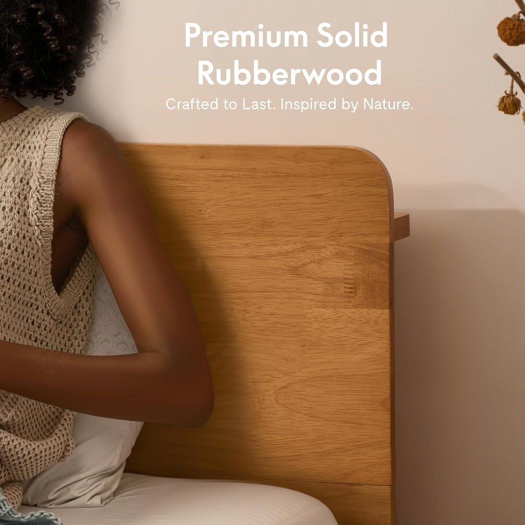 Hako G1 Solid Wood Platform Bed Frame Queen,Rubberwood,Tool-Free Assembly,Low Profile Floating,Storage Shelf&Charging