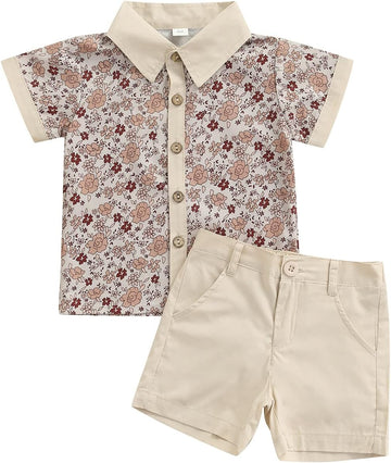 Toddler Baby Boys Summer Print Shirt Outfits Clothes Short Sleeve Button Down Tops + Shorts Set