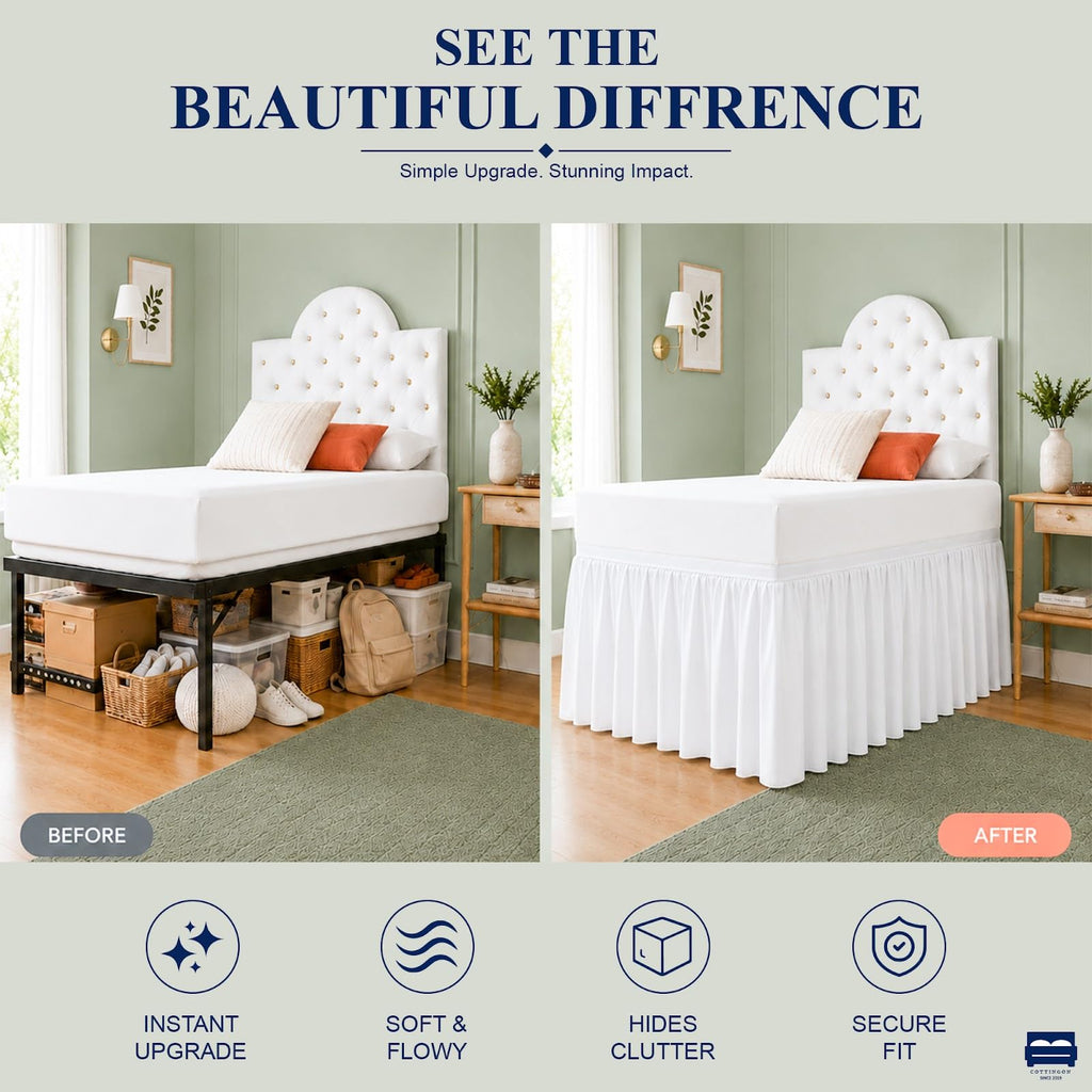 Dorm Room Bed Skirt, 100% Microfiber, White, Twin Drop
