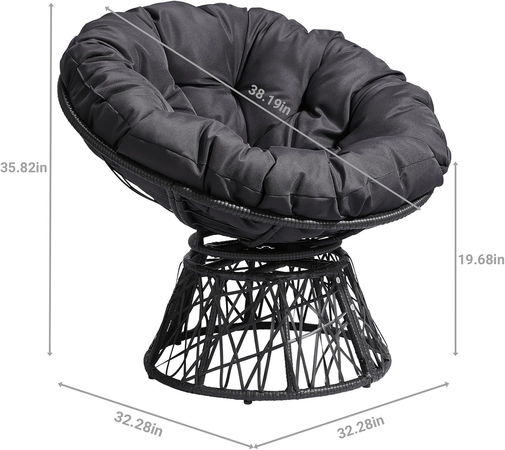 38" Ergonomic Swivel Papasan Chair, 360 Degree Rotating Round Lounge Chair with Thick Tufted Cushion, Modern Wicker