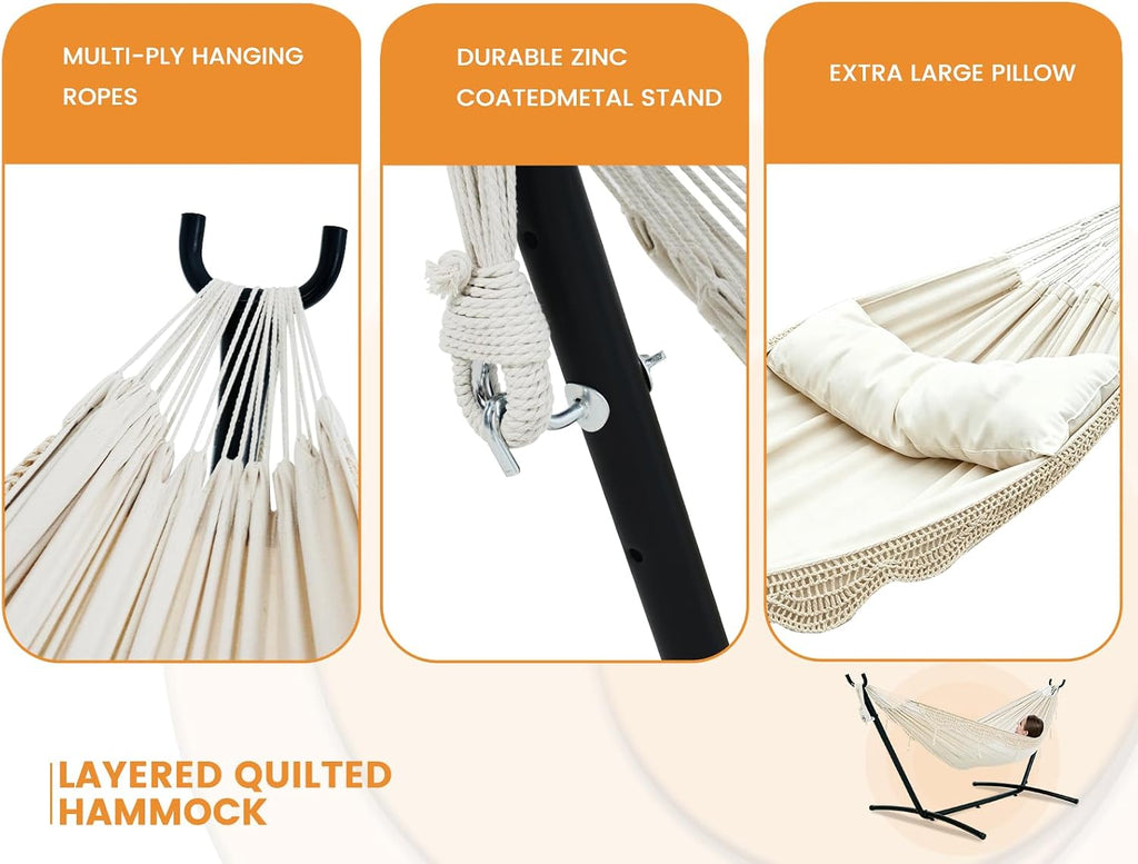 9FT Double Hammock with Sturdy Steel Stand and Durable Fabric, Camping Lace Hammocks Include Portable Carrying Case