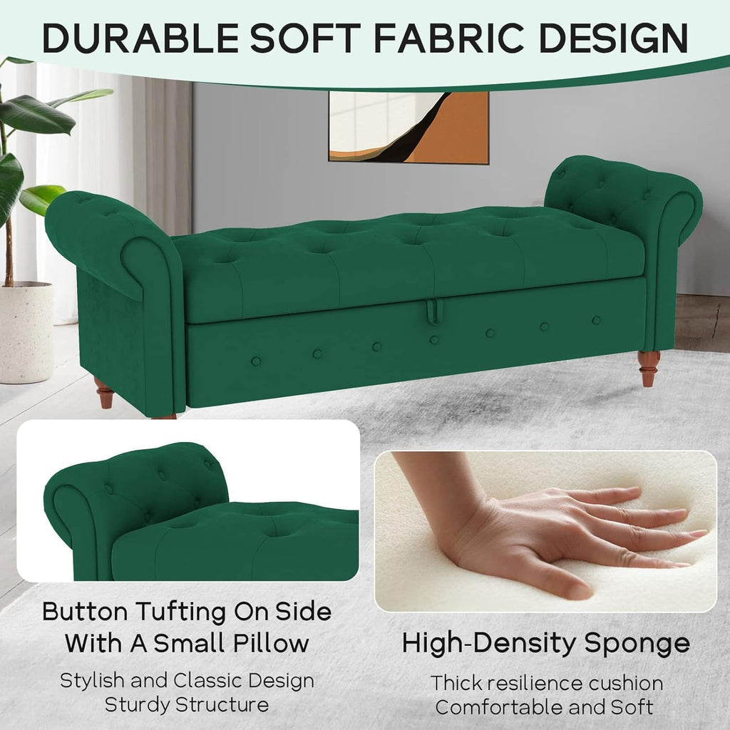 63'' Storage Ottoman Bench Tufted Entryway Bench Dark Green Velvet | Button Tufted End of Bed, Rolled Armed Ottoman