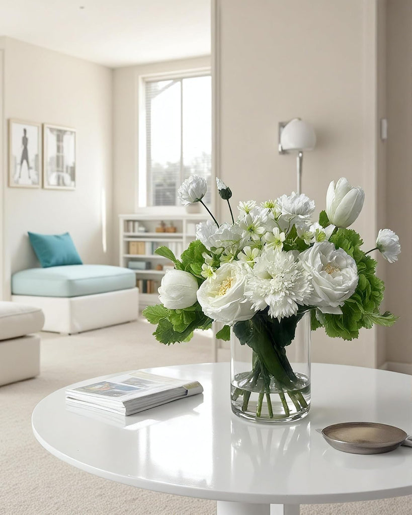 Artificial Flower Arrangement in Glass Vase with Realistic Fixed Water - Lifelike Roses, Hydrangeas, Tulips &