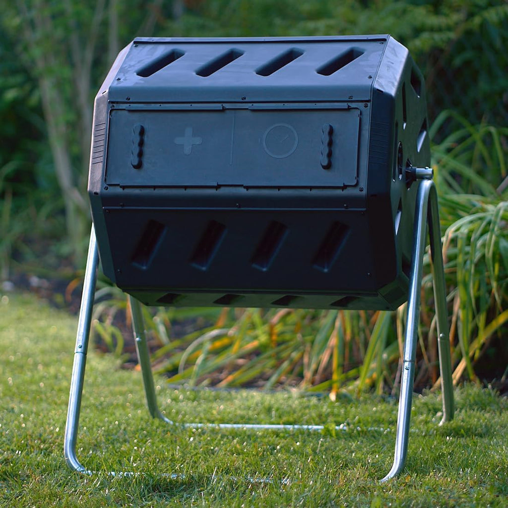 Heavy Duty 37 Gallon 8 Sided Steel Composter, Black | Portable Plastic Dual Chamber Tumbling Composter Outdoor