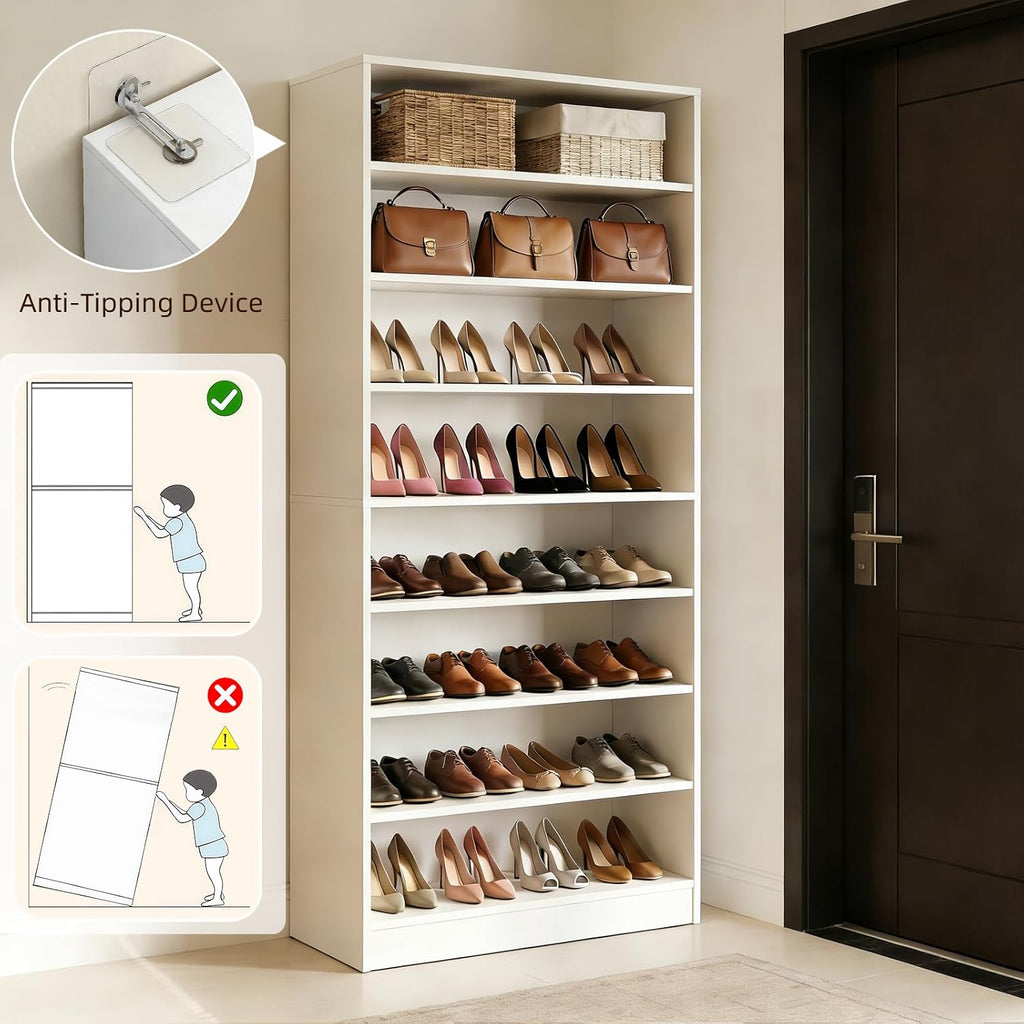 71 Inch Tall 9 Tier Shoe Cabinet, Wood Shoe Storage Cabinet, Heavy Duty Shoes Rack with Adjustable Shelves & Open