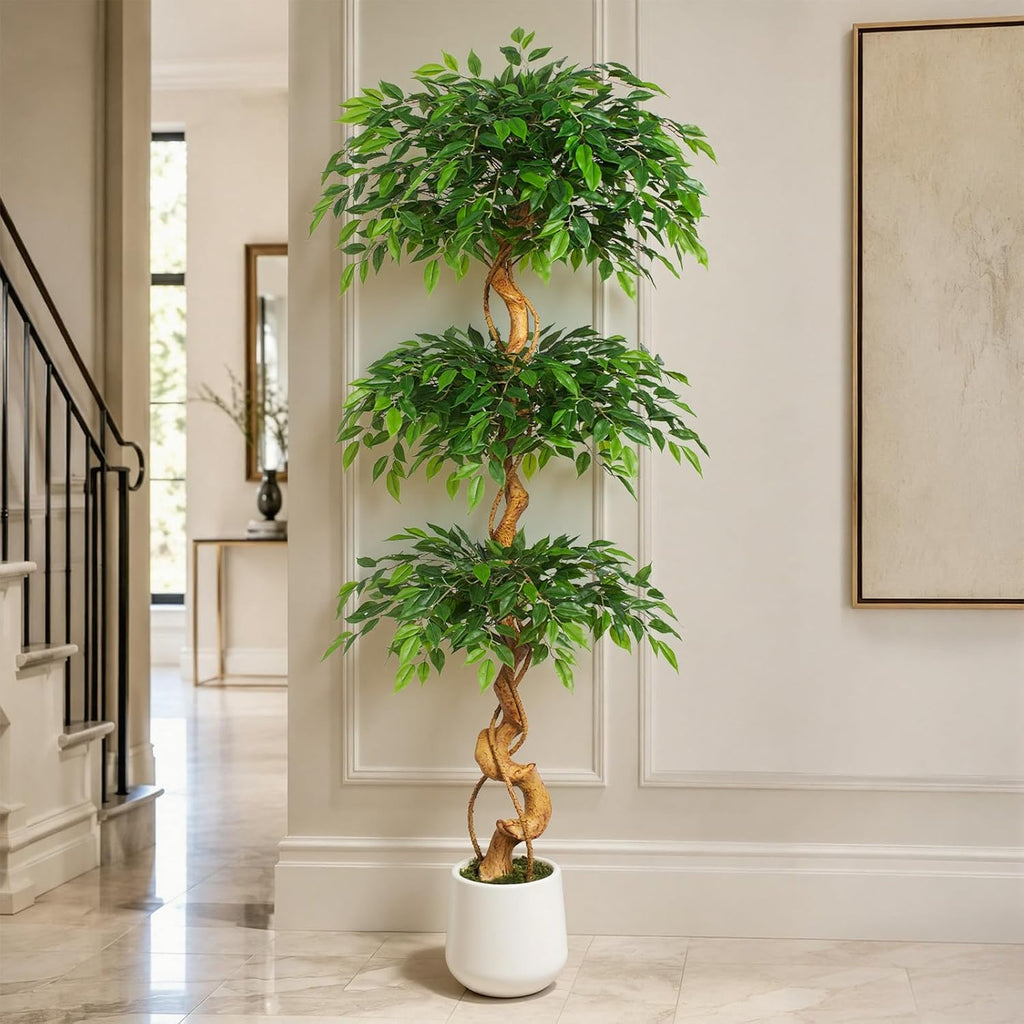6 ft Artificial Ficus Tree with Natural Curved Trunk in White Pot (72")