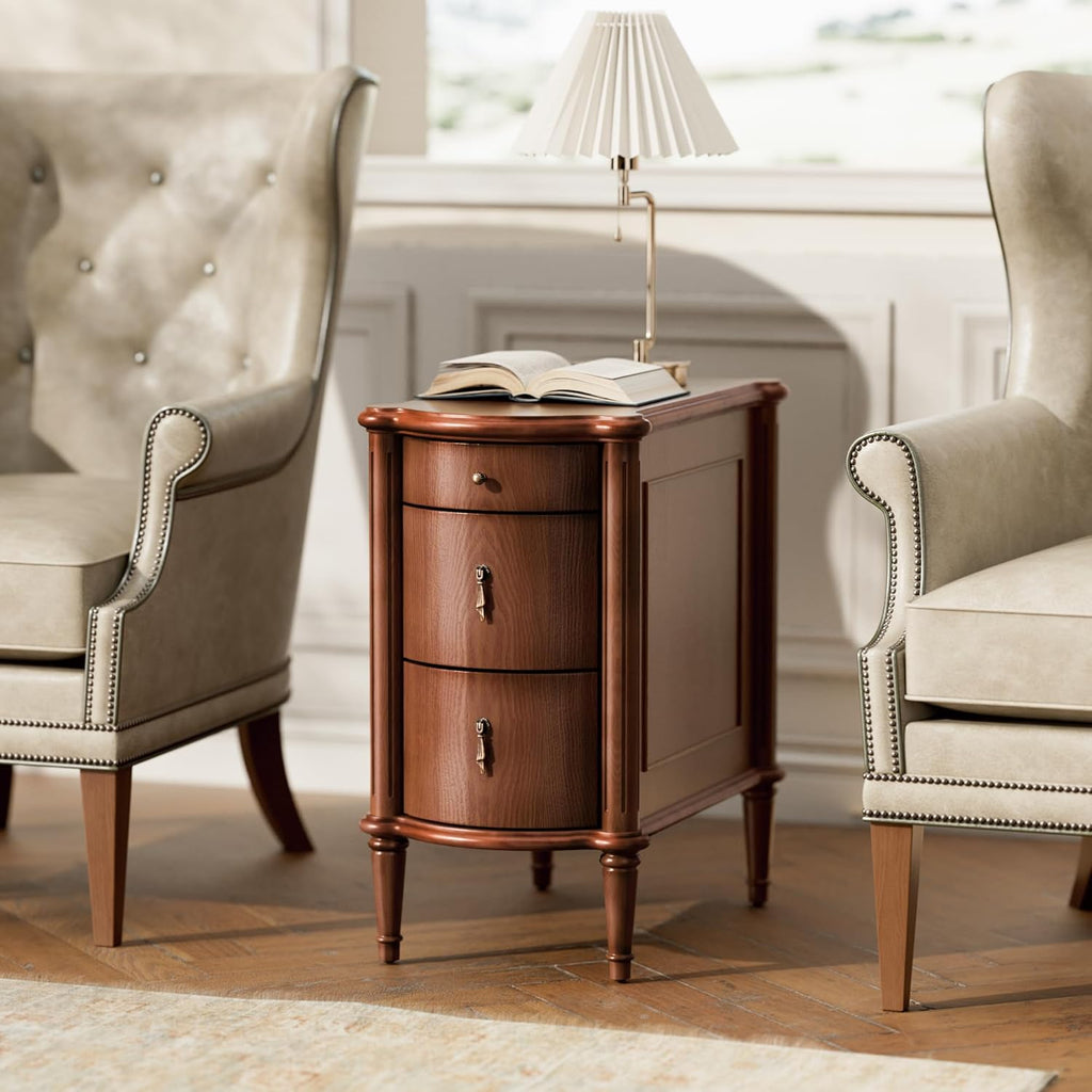Nightstand w/Charging Station & 3 Drawers, Pre-Assembled, Vintage Side Table w/Antique-Finished Pulls, Rustic Wood