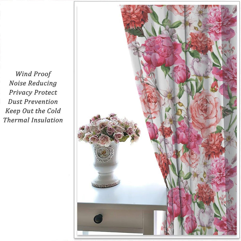 Watercolor Flower Blackout Window Curtain, Victorian Floral Pattern Painting Style Print with Peonie Living Room