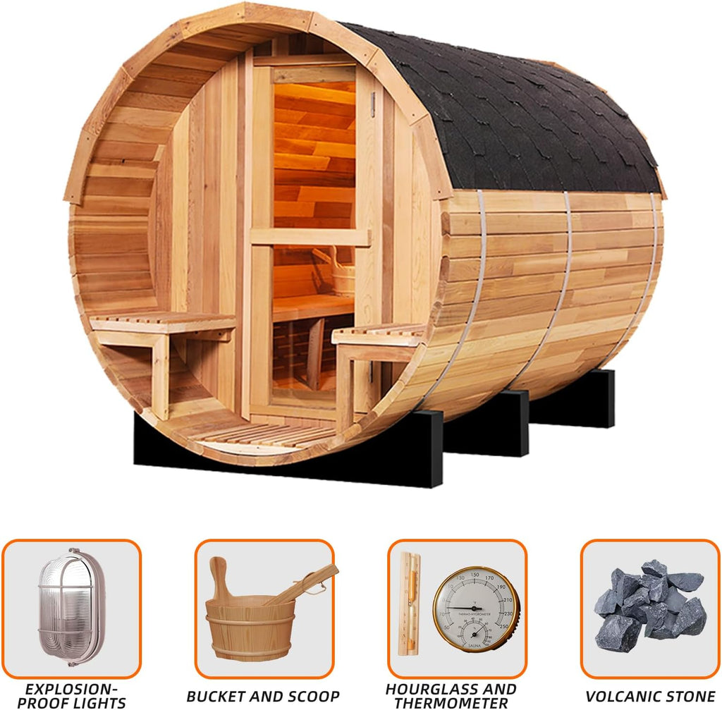 6-8 Person Outdoor Barrel Sauna,Canadian Cedar Wooden Saunas Kit with Porch,6KW TOULE Electric Stove Steam Sauna Room