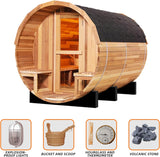 6-8 Person Outdoor Barrel Sauna,Canadian Cedar Wooden Saunas Kit with Porch,6KW TOULE Electric Stove Steam Sauna Room
