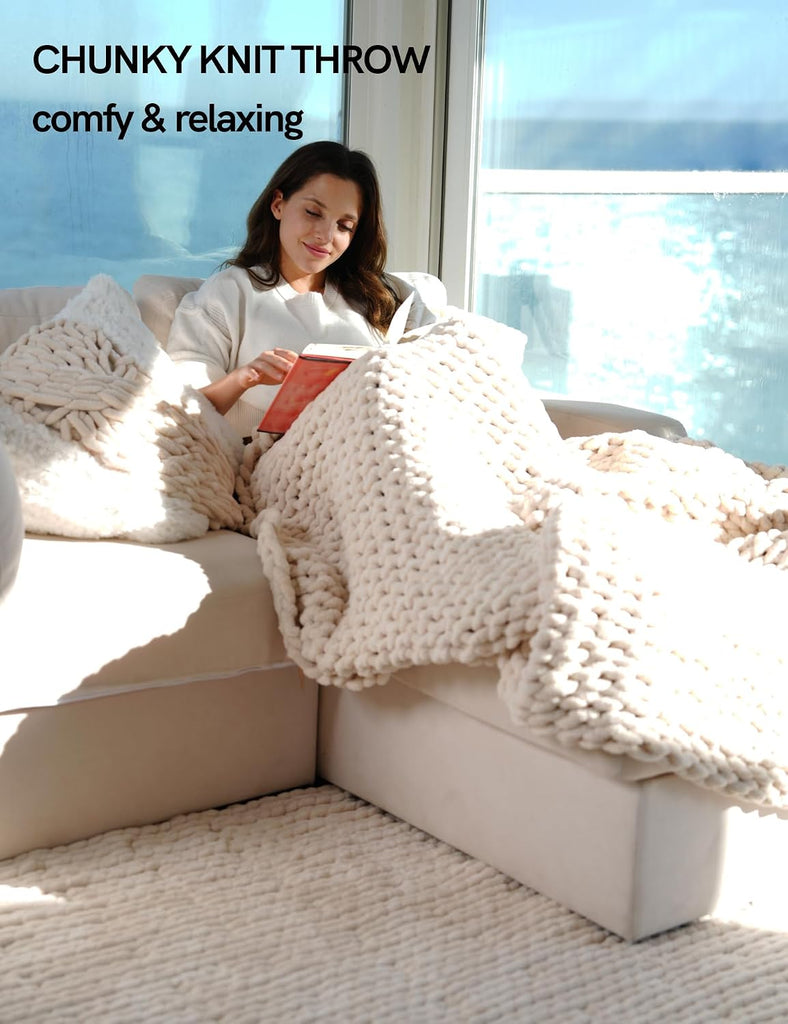 Chunky Throw Blanket, Hand Knitted with Chenille Yarn, Skin Friendly, Ventilated and Breathable, Machine Washable