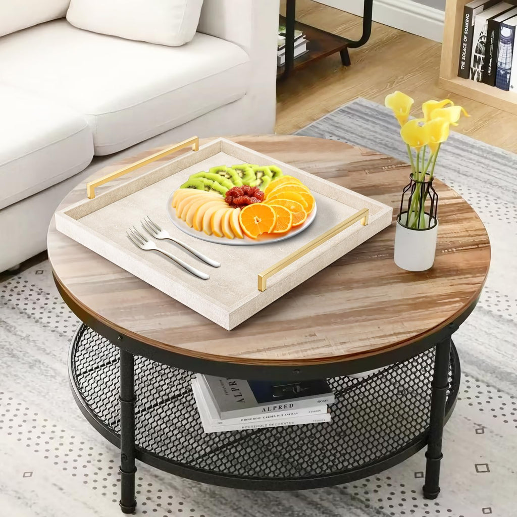 Large Ottoman Tray for Coffee Table,Square Shagreen Leather Decorative Tray with Gold Handles Decor