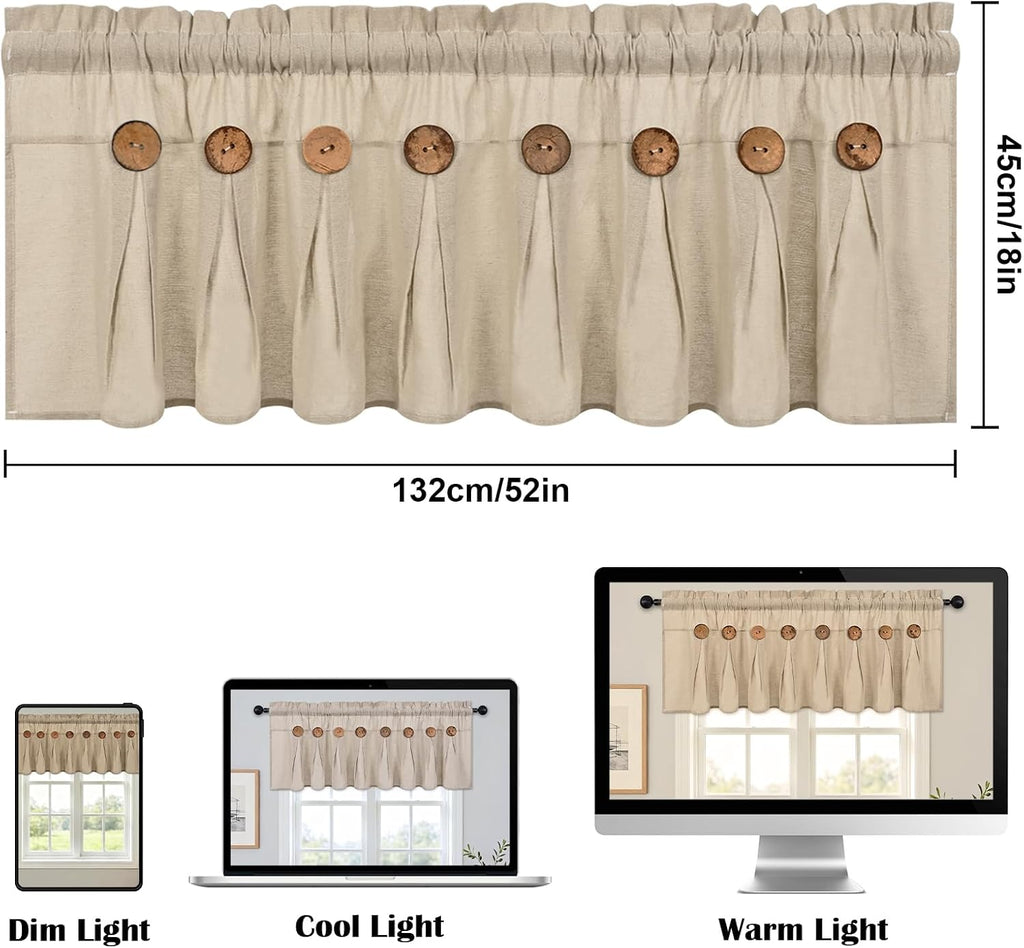 Farmhouse Valance Curtain, Cotton Linen Kitchen Curtains, Rustic Valances for Window Rod Pocket Button Valance for