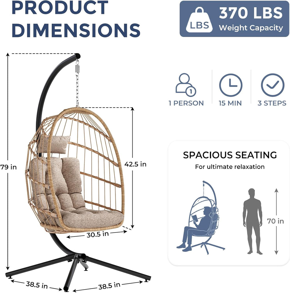 Outdoor Hanging Egg Chair with Stand, Indoor Wicker Egg Shaped Swing Chair with Cushion, 370lbs Capacity Comfy Patio