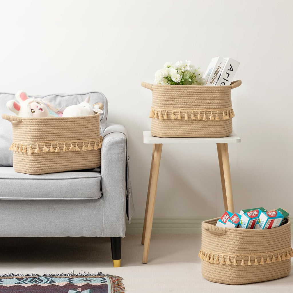 Storage Basket 3 Pack for Organizing, Rope Cotton Baskets for Toy, Clothes, Blankets, Decorative Basket , Jute