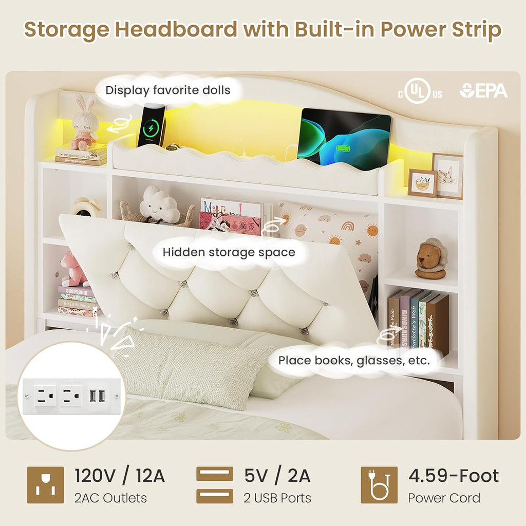 Twin Size Bed Frame for Kids with Storage Drawers, Bookcase Headboard, LED Lights and Power Outlets, Diamond Tufted