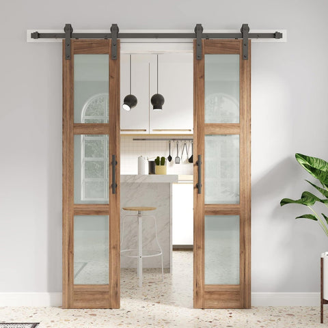 Double 18 x 84 inch Glass Barn Doors 36inch Barn Door with 6.6FT Hardware Kit & Handle Included,3-Pa