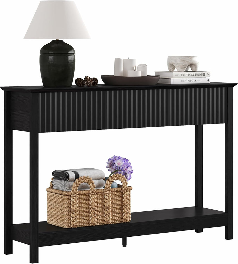 47" Fluted Console Table with 3 Drawers, Narrow Long Entryway Table with Storage and Shelf, 2-Tier Sofa Table Behind