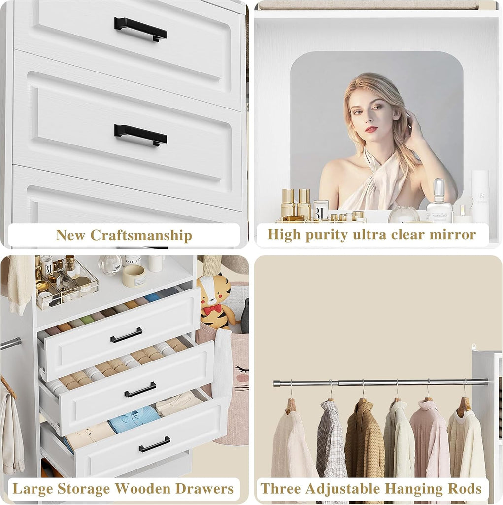 48" W - 96" W Closet System with Mirror, 8FT Walk in Closet Organizer Kits with Drawers and 3 Extendable Hanging Rod