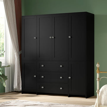 71" Armoire Wardrobe Closet with Drawers and Mirror, 6 Doors | Clothing Storage Cabinet with Hanging Rod, Wooden