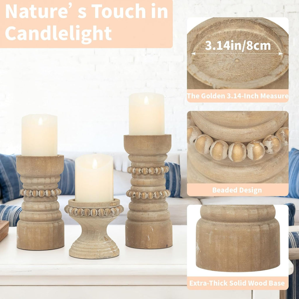 Rustic Natural Wood Candle Holders Set of 3, Farmhouse Beaded Wood Pillar Candle Holder, Candle Holders for Pillar