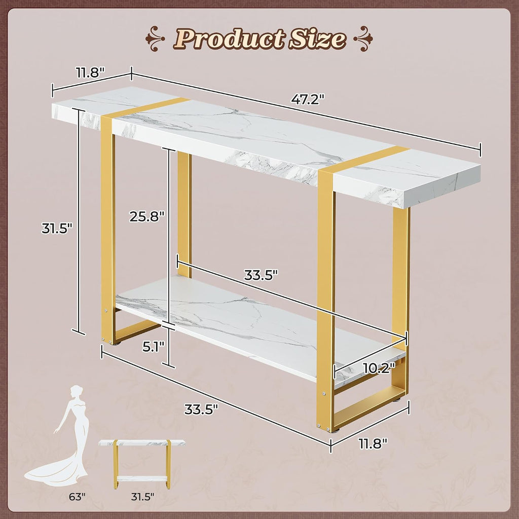 47.2 Inch Entryway Table with Marble Top, 2-Tier Modern Console Sofa Table with Storage, Accent Table, for Entry