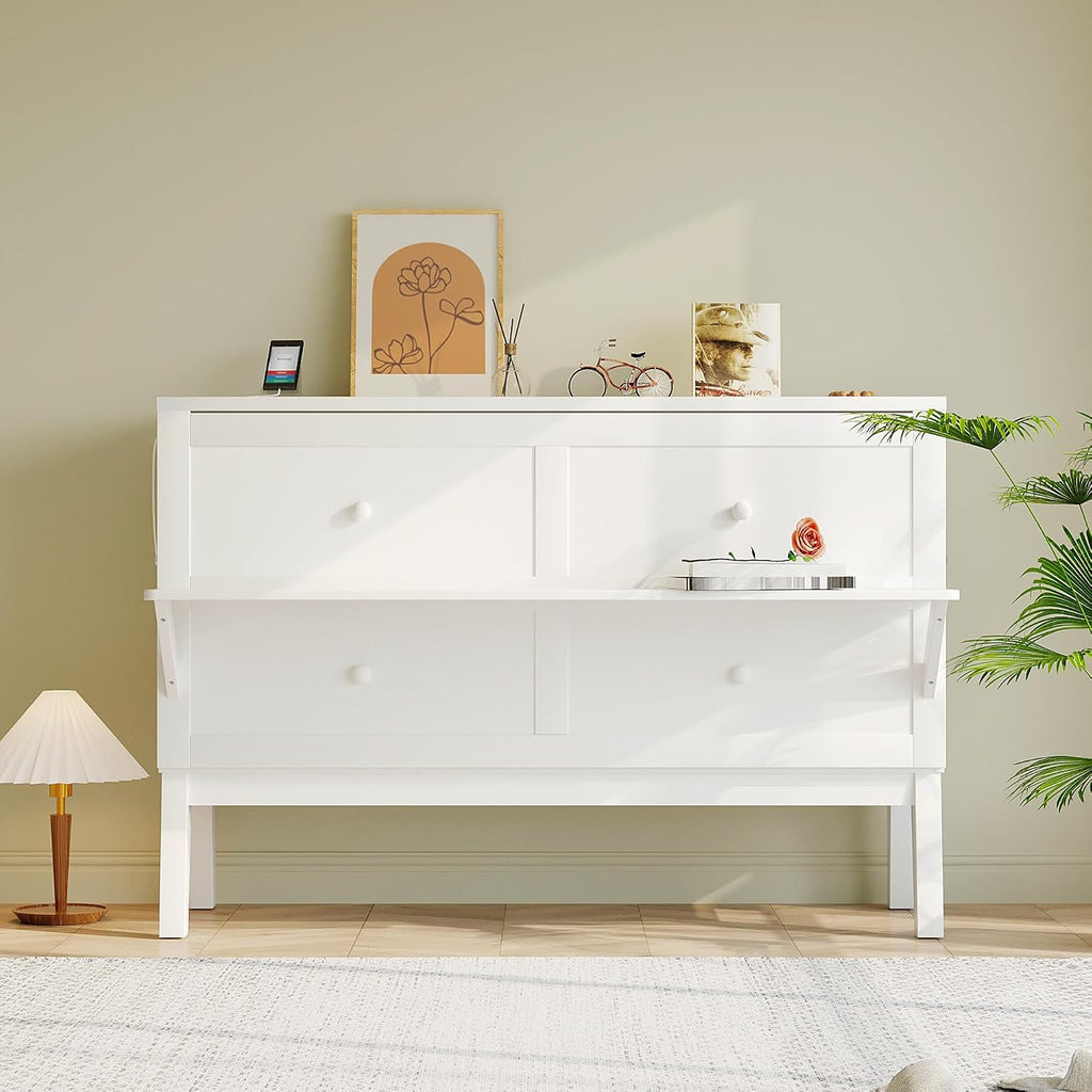 Foldable Murphy Cabinet Bed with Removable Shelves on Each Side and Desk, Queen Wood Murphy Bed with USB Port for Bedroom, White