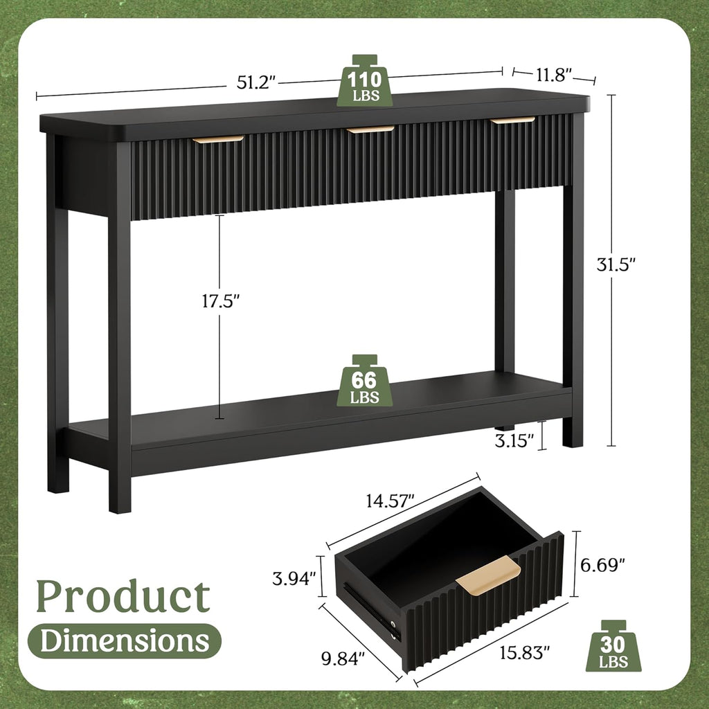 Fluted Console Table, 51 Inch Entryway Table with 3 Drawers | Scandi farmhouse look with quiet full-extension slides