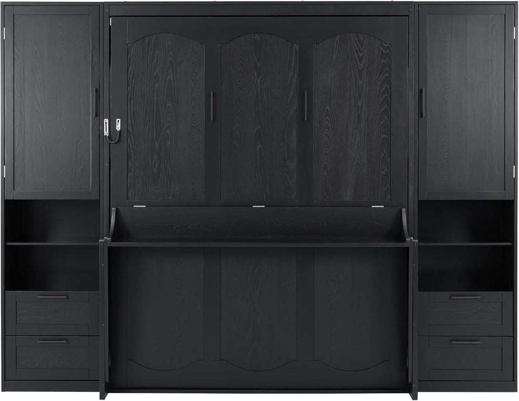 Queen Murphy Bed with Desk, Closet, Drawers and Shelves, Fold into The Wall, Space-Saving Foldable Wood Platform Bed