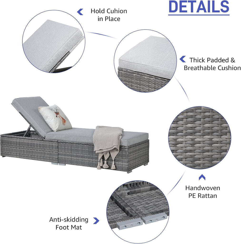 Outdoor Patio Chaise Lounge Chair, Grey Wicker, Light Grey | Reclining Adjustable PE Rattan Lounge Chair Sun Lounger