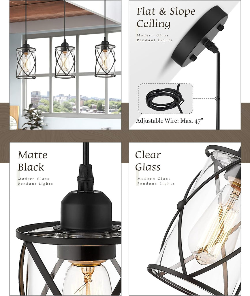 Glass Pendant Lights Kitchen Island 2 Pack, Black Mini Pendant Light with Clear Glass, Farmhouse Industrial Cage