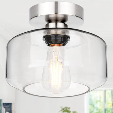 Industrial Semi Flush Mount Ceiling Light Brushed Nickel, Clear Glass Shade Ceiling Light Fixture, Farmhouse Light