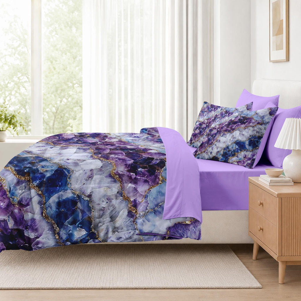 King Comforter Set with Sheets, 7 Pieces Crystal Purple Bedding